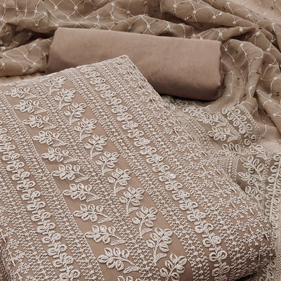 Dusty Brown Lucknowi Embroidered Georgette Dress Material