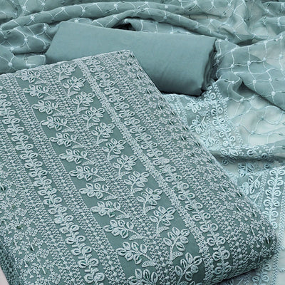 Dusty Teal Lucknowi Embroidered Georgette Dress Material