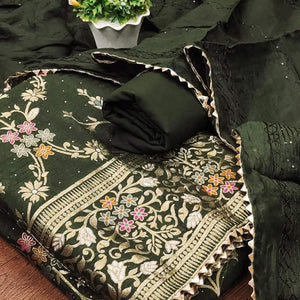Mehendi Green Floral Woven Banarasi Jacquard Dress Material