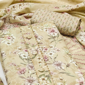 Light Yellow Floral Printed Cotton Blend Dress Material