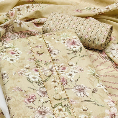 Light Yellow Floral Printed Cotton Blend Dress Material