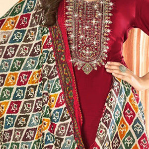 Maroon Embroidery With Diamond Rayon Dress Material