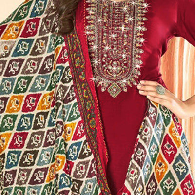 Maroon Embroidery With Diamond Rayon Dress Material