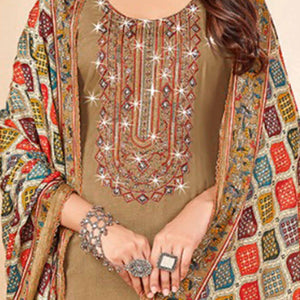 Chikoo Embroidery With Diamond Rayon Dress Material