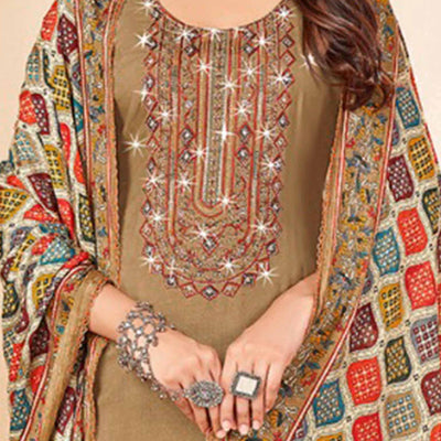 Chikoo Embroidery With Diamond Rayon Dress Material