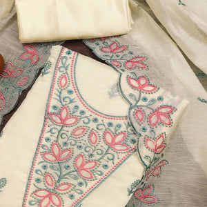 Cream Floral Embroidered Chanderi Dress Material