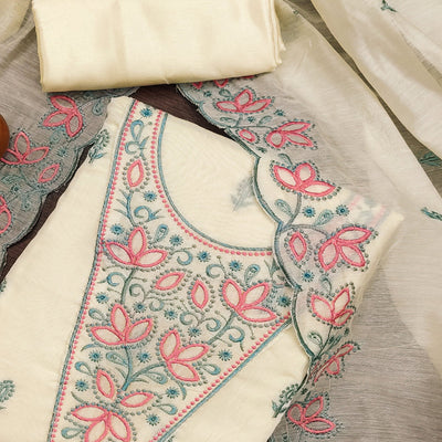 Cream Floral Embroidered Chanderi Dress Material