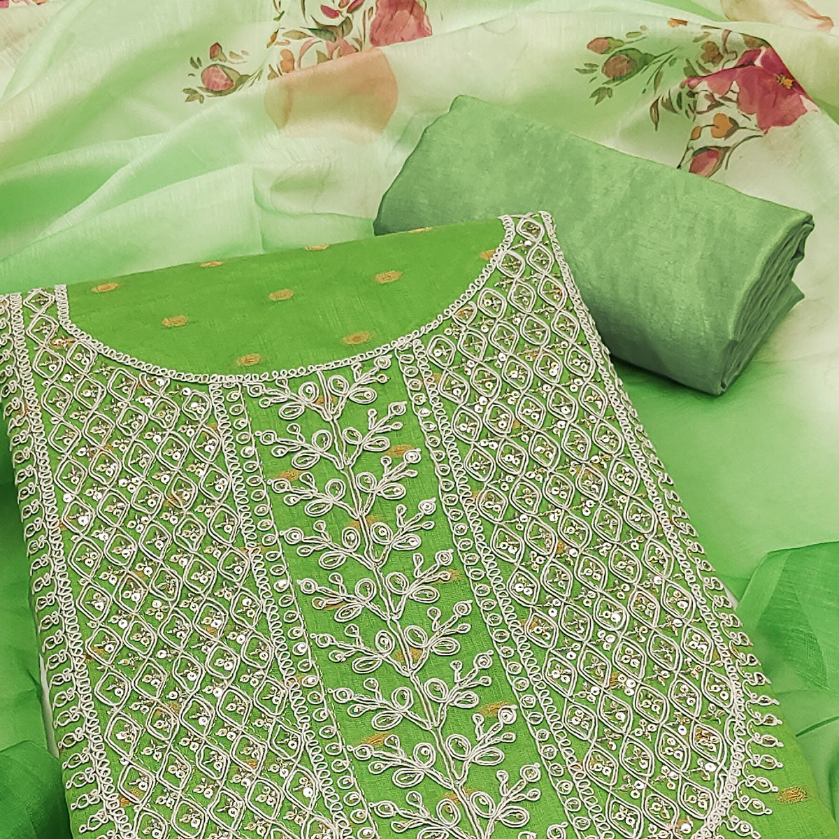 1green-woven-with-sequins-embroidered-chanderi-dress-material-5