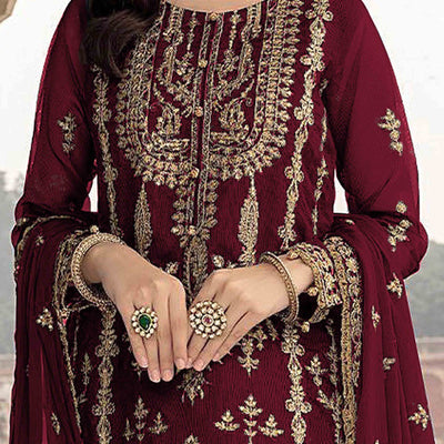 Maroon Floral Sequins Embroidered Georgette Semi Stitched  Suit