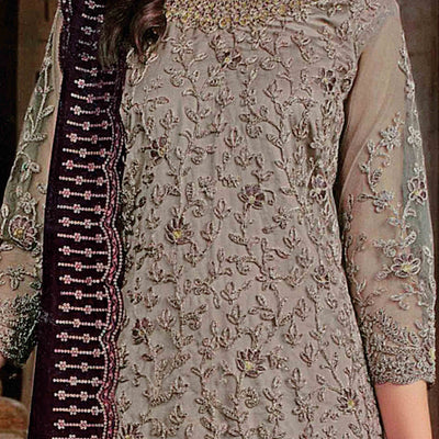 Brown Floral Sequins & Codding Embroidered Net Semi Stitched Suit