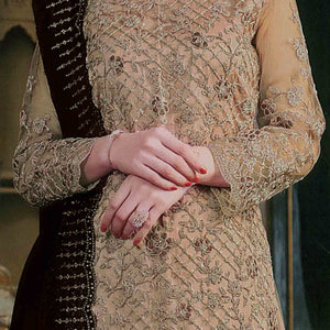 Chikoo Floral Sequins & Codding Embroidered Net Semi Stitched Suit