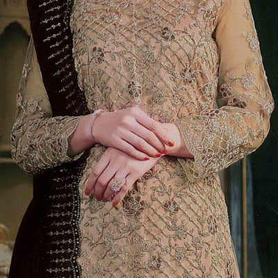 Chikoo Floral Sequins & Codding Embroidered Net Semi Stitched Suit
