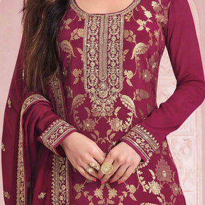 Dark Magenta Floral Embroidered Jacquard Viscose Semi Stitched Suit
