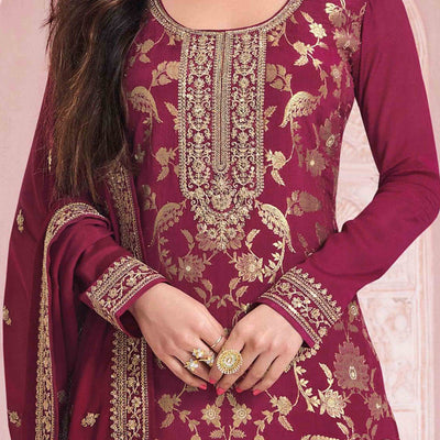 Dark Magenta Floral Embroidered Jacquard Viscose Semi Stitched Suit