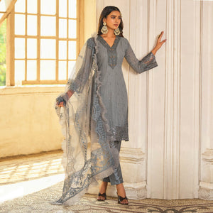Grey Sequins Embroidered Georgette Semi Stitched Suit