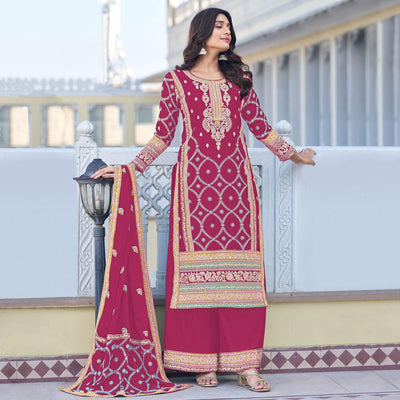 Dark Pink Floral Embroidered Chinon Silk Semi Stitched Suit