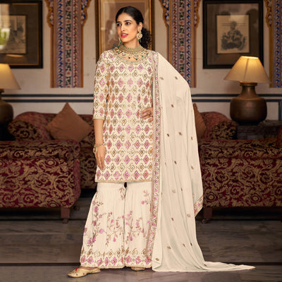 Cream Sequins Embroidered Georgette Semi Stitched Suit