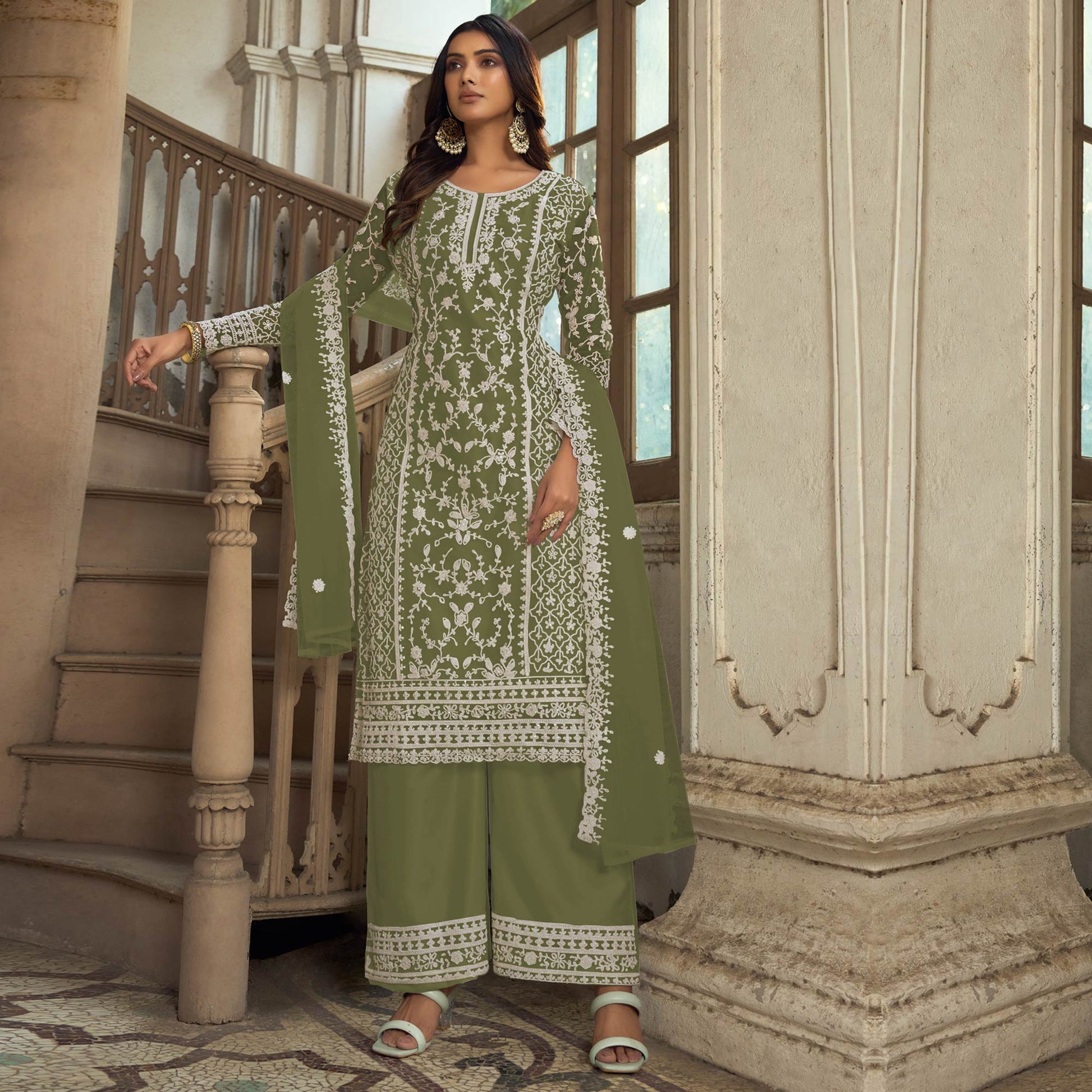 green-floral-embroidered-net-semi-stitched-suit-2