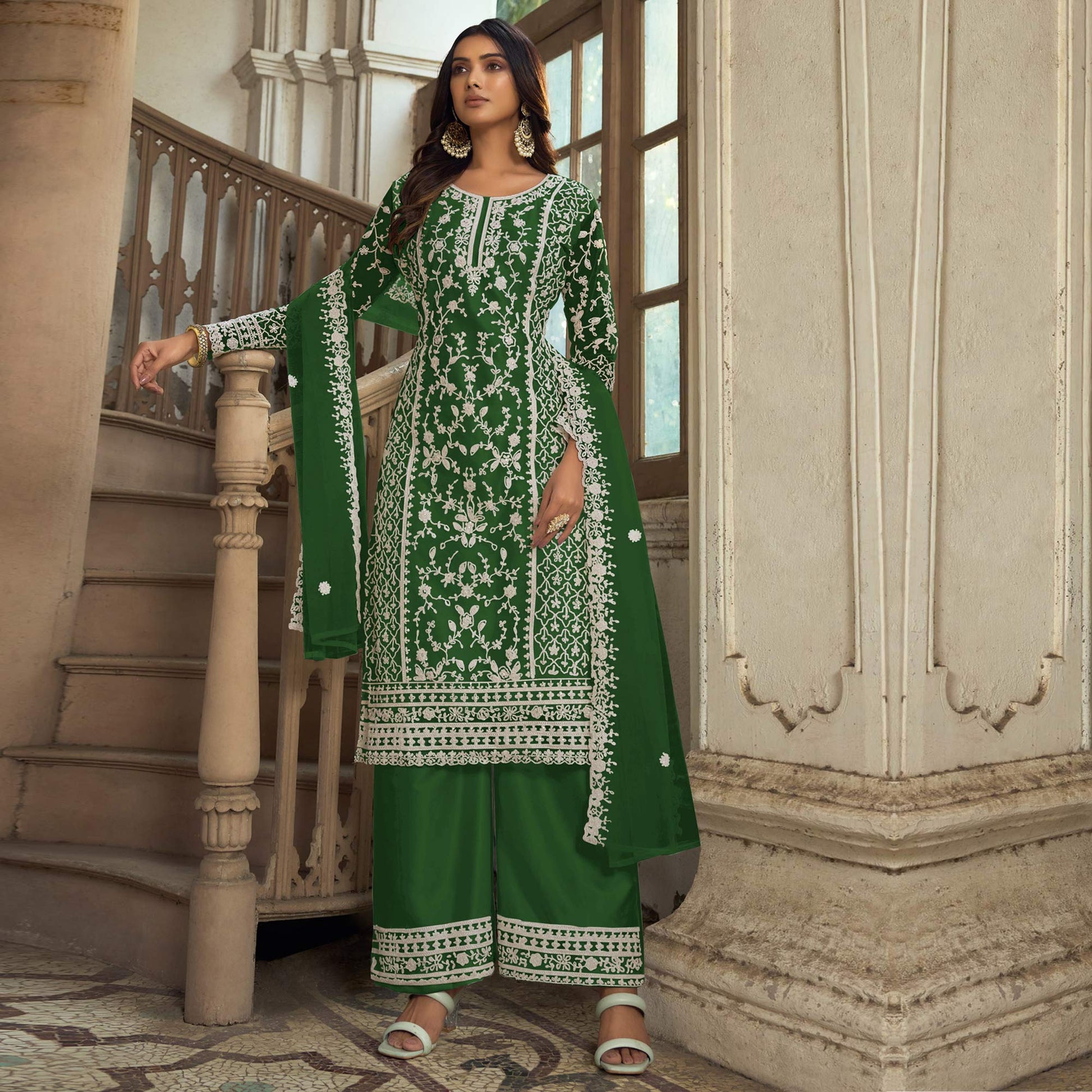 green-floral-embroidered-net-semi-stitched-suit-3