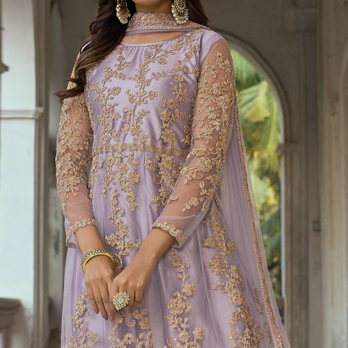 Light Purple Floral Embroidered Net Semi Stitched Anarkali Suit