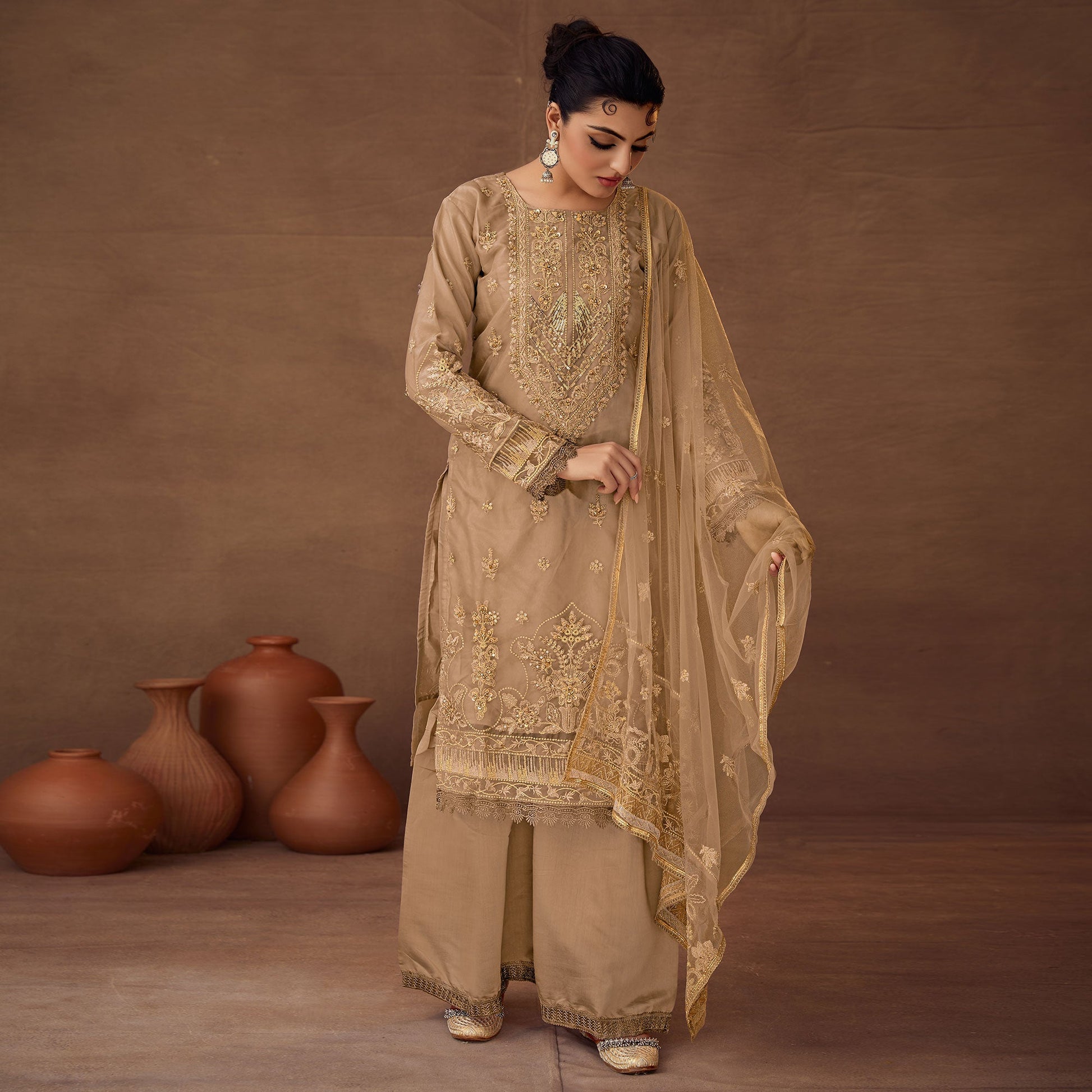Chikoo Floral Embroidered Organza Semi Stitched Pakistani Suit