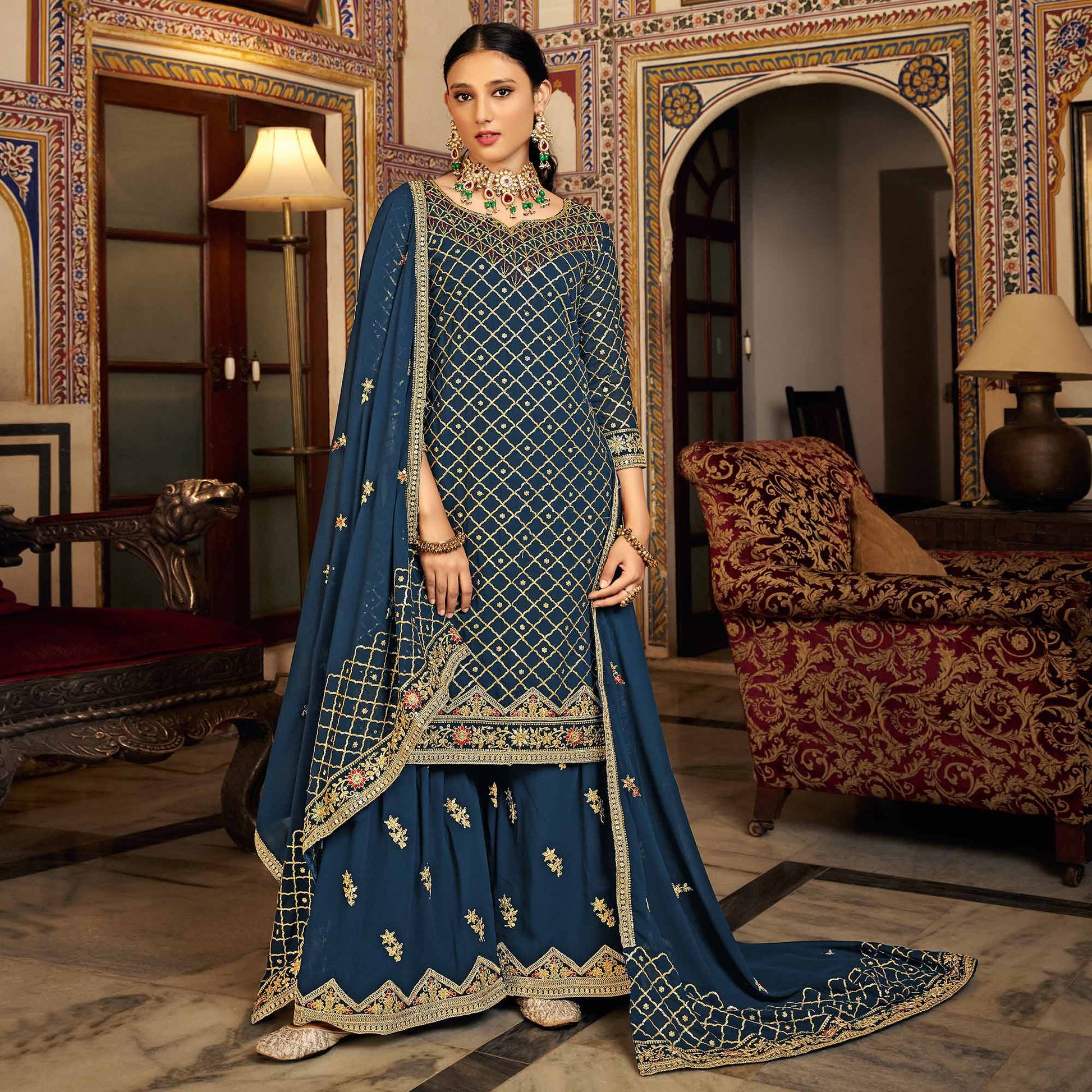 Morpich Sequins Embroidered Chinon Semi Stitched Suit