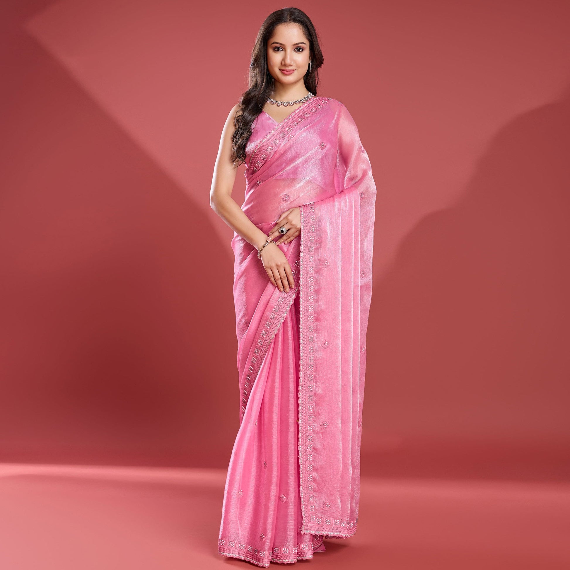 Pink Embroidered Work Tissue Saree