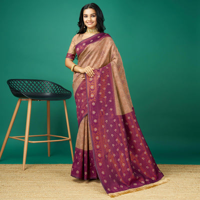 Chikoo Zari Woven Banarasi Silk Saree With Tassels