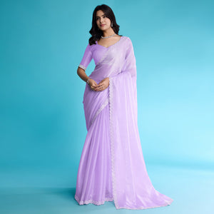 Lavender Solid With Zarkan & Ceramic Pearl Diamond Lace Tissue Saree