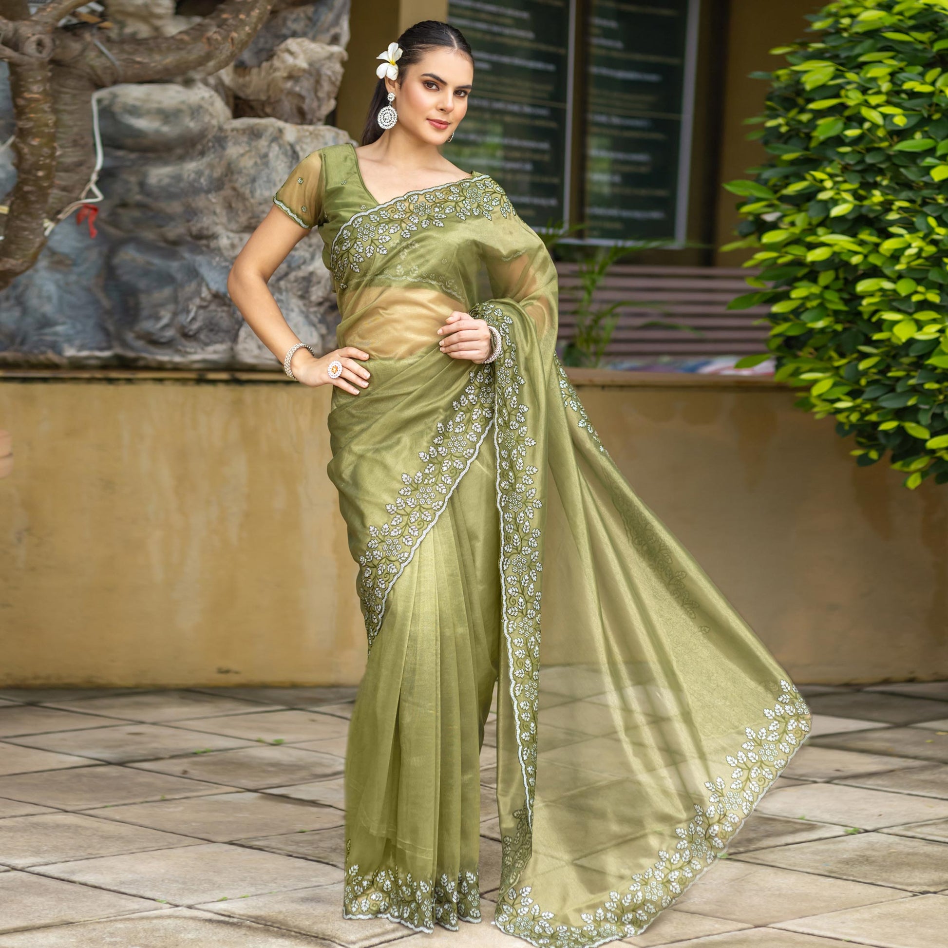 Mehendi Green Floral Sequins Embroidered Twill Net Saree