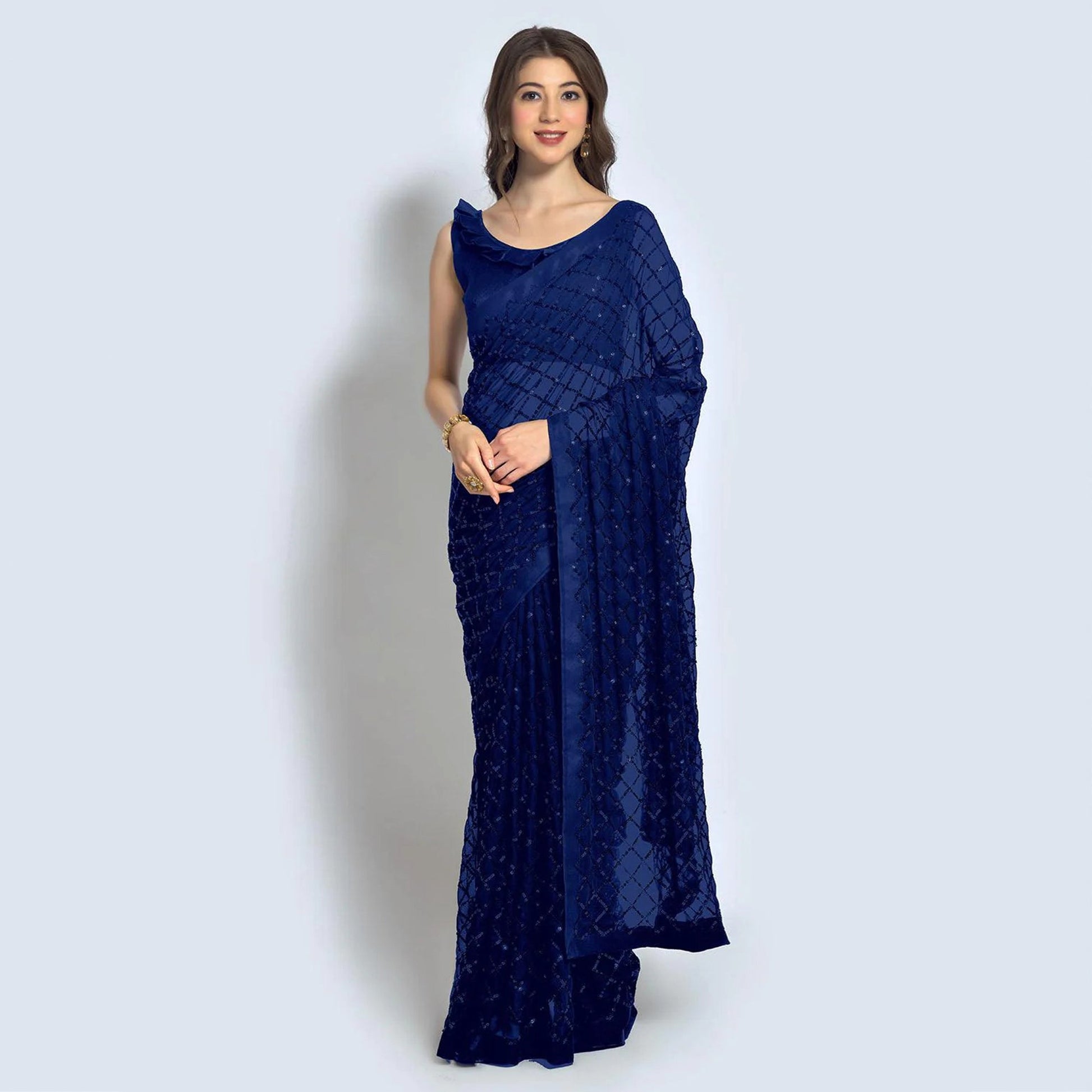 Blue Sequins Work Georgette Saree