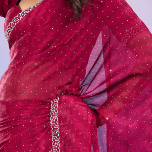 Cherry Red Diamond Zarkan Handwork Satin Chiffon Saree