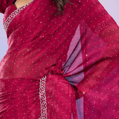 Cherry Red Diamond Zarkan Handwork Satin Chiffon Saree