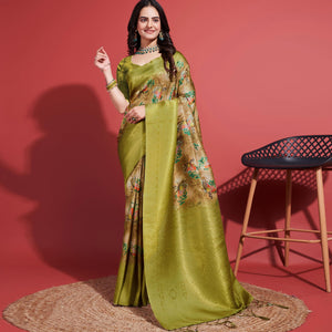 green-floral-digital-printed-banarasi-silk-saree-with-tassels
