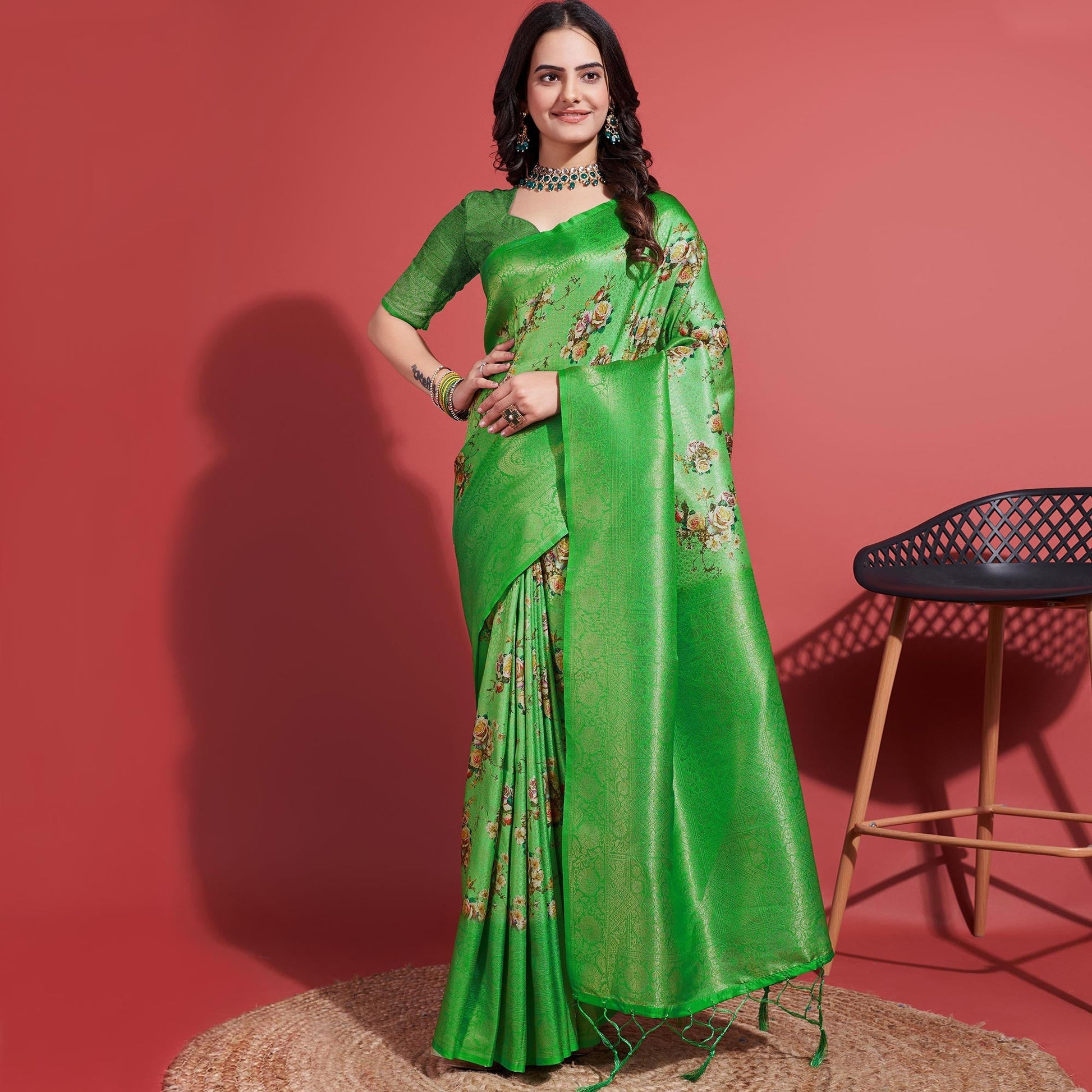 green-floral-digital-printed-with-woven-banarasi-silk-saree