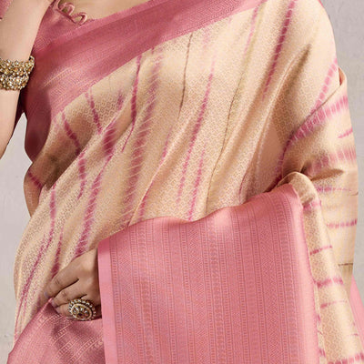 Gajari Pink Woven With Digital Printed Banarasi Silk Saree