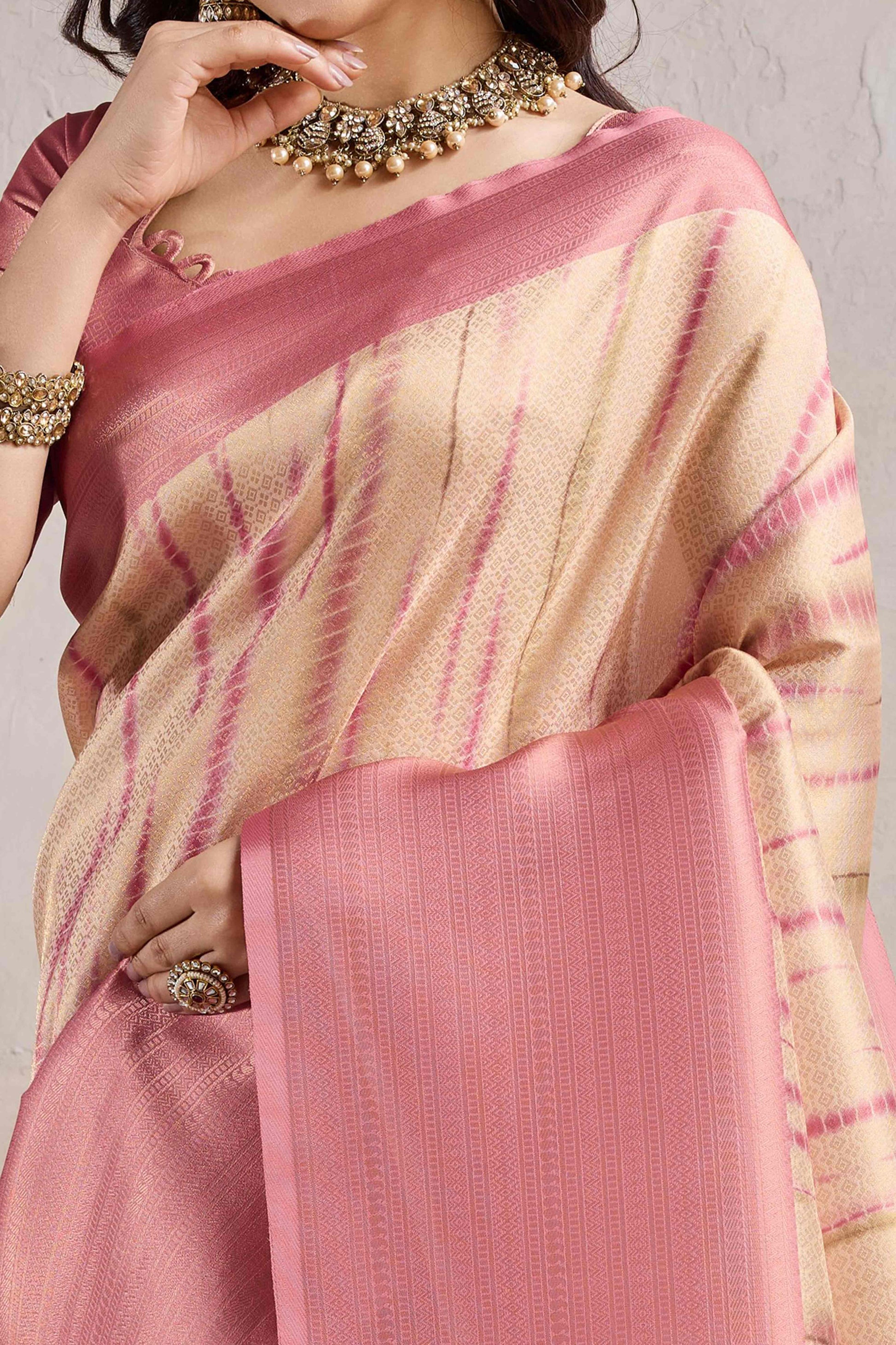 Gajari Pink Woven With Digital Printed Banarasi Silk Saree
