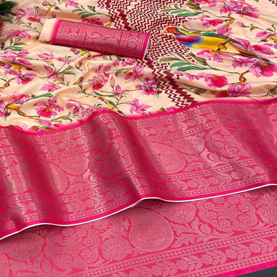 Light Yellow Floral Digital Printed With Woven Border Dola Silk Saree