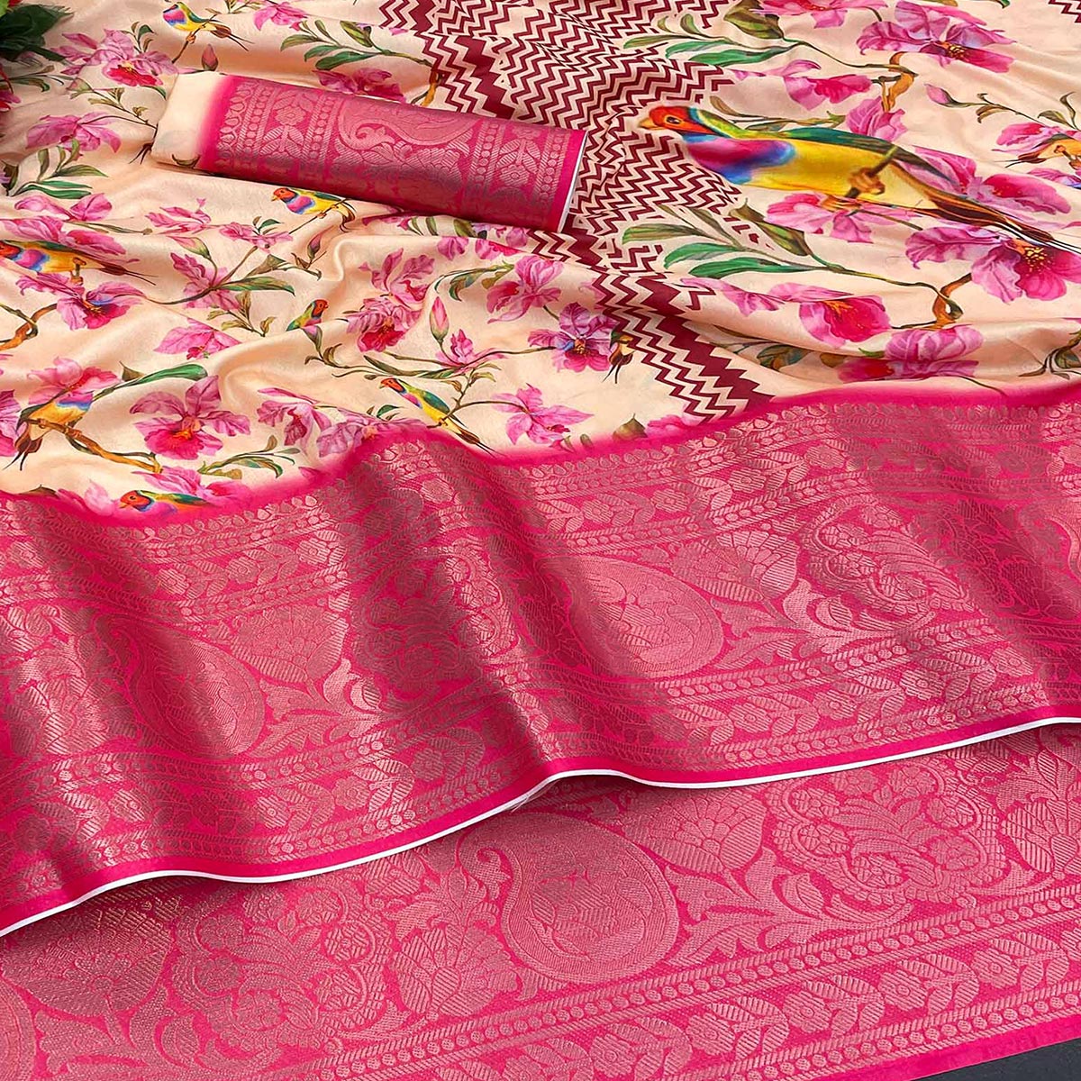 Light Yellow Floral Digital Printed With Woven Border Dola Silk Saree