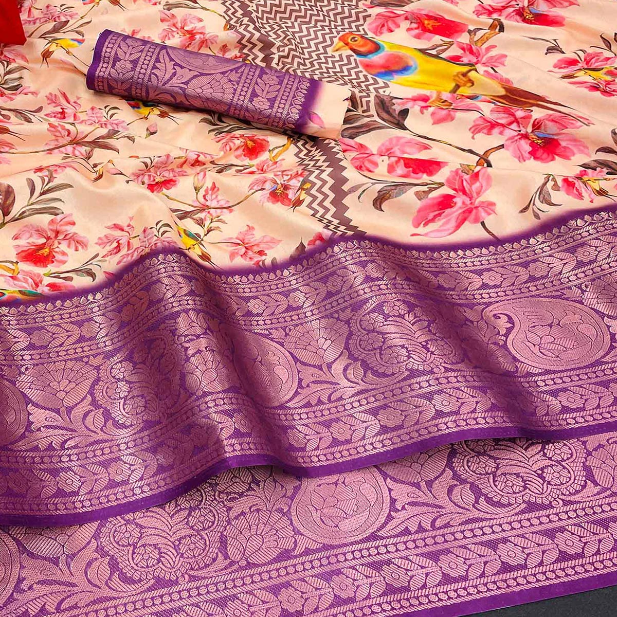 Cream Floral Digital Printed With Woven Border Dola Silk Saree