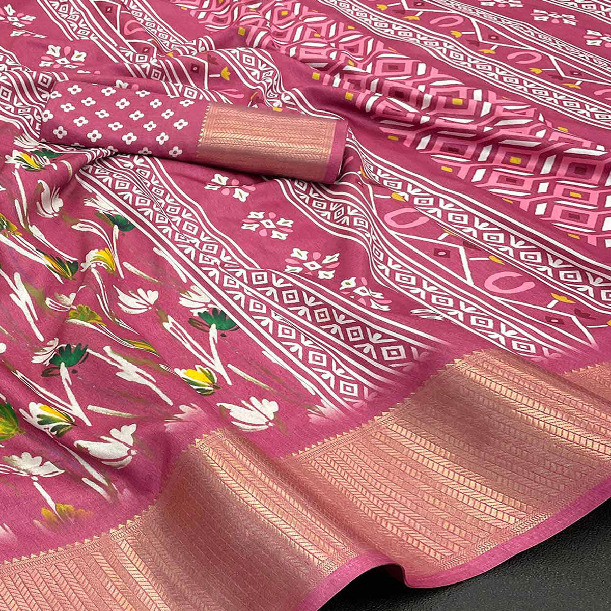 Light Burgundy Floral Digital Printed With Woven Border Dola Silk Saree