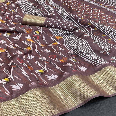 Brown Floral Digital Printed With Woven Border Dola Silk Saree