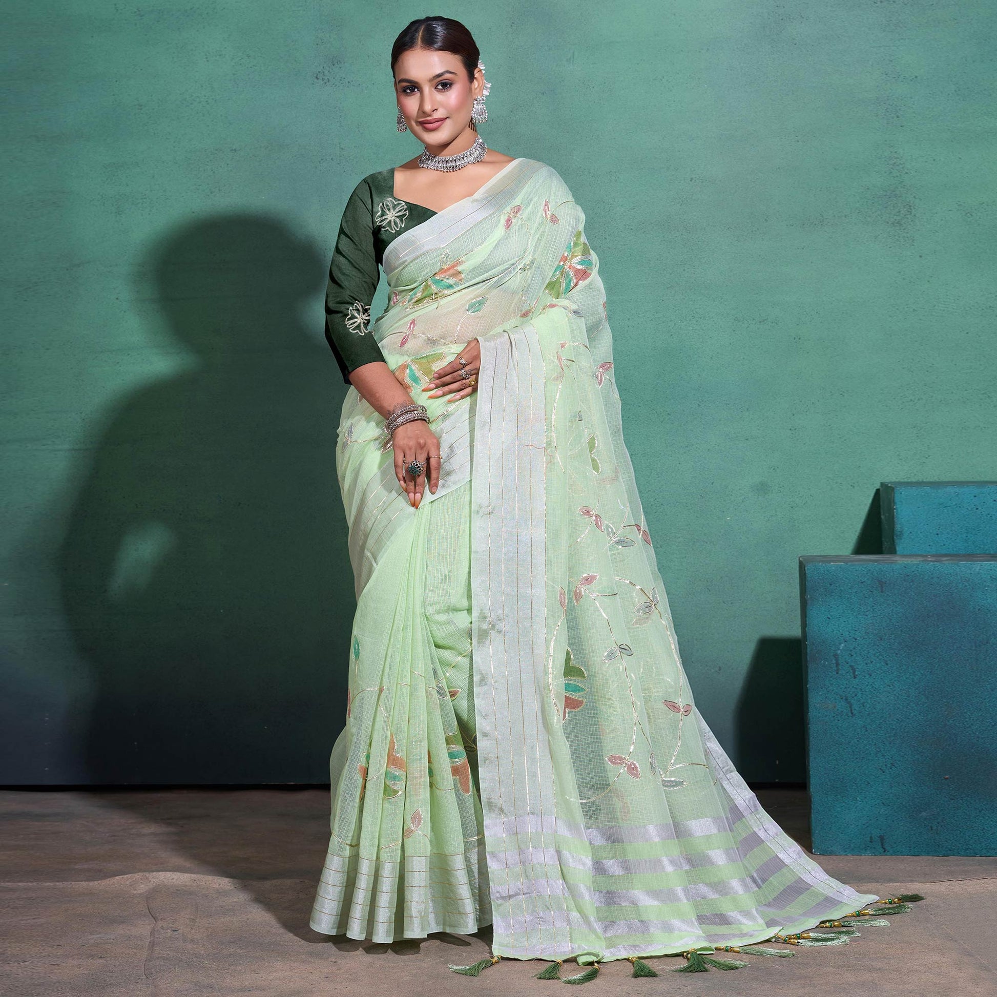 green-gota-patti-embroidered-linen-saree-with-tassels