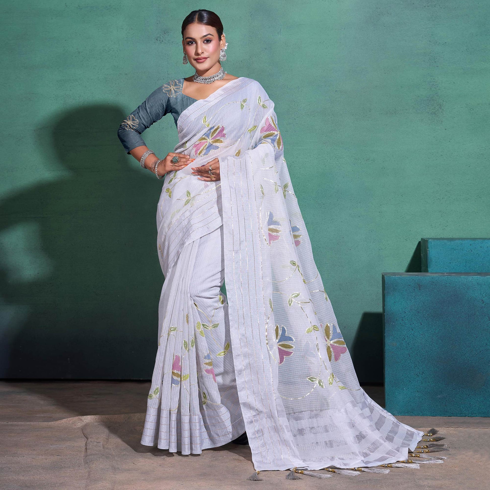 grey-gota-patti-embroidered-linen-saree-with-tassels