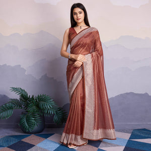 Brown Swarovski Work Embroidered Net Saree