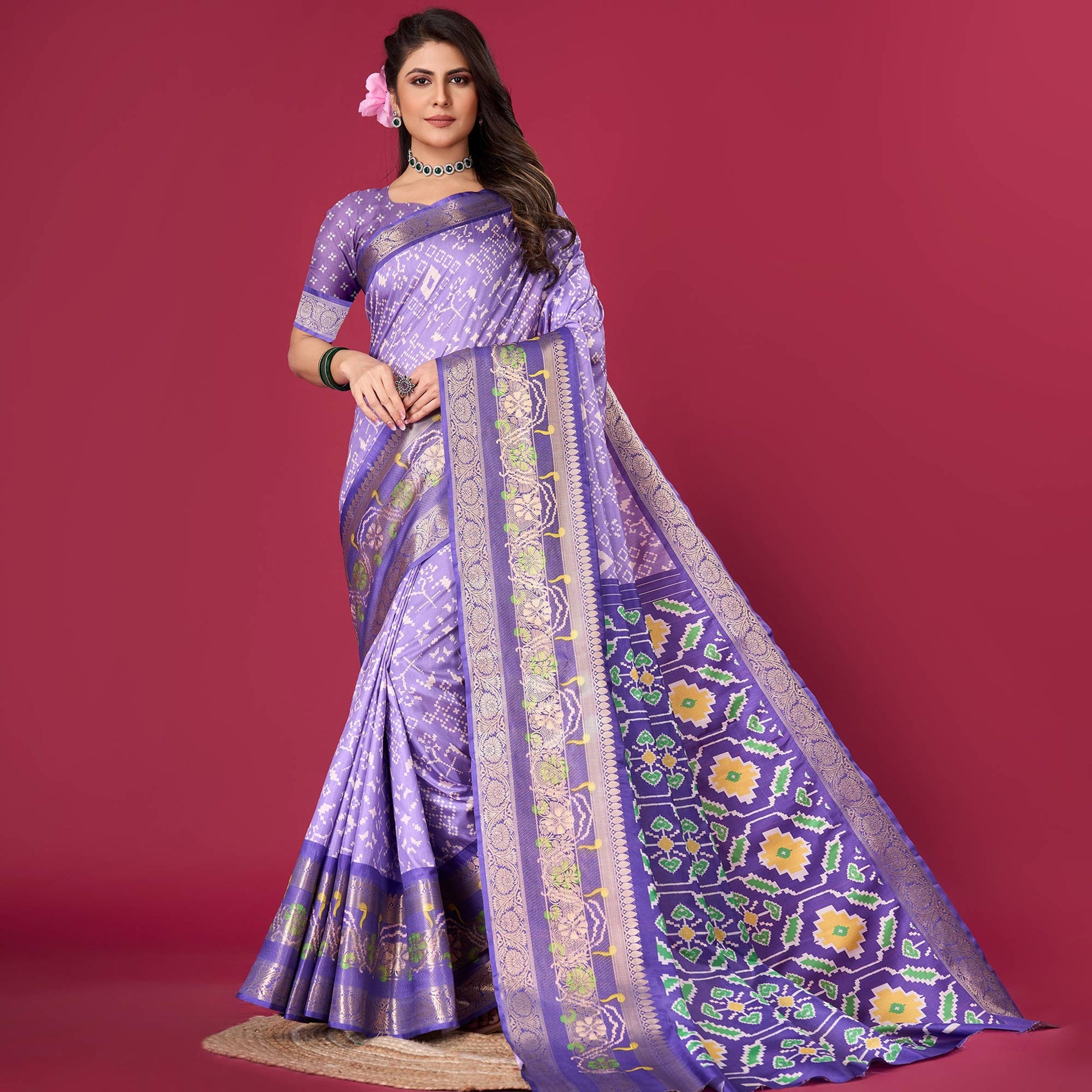 Lavender Digital Patola Printed With Woven Border Dola Silk Saree