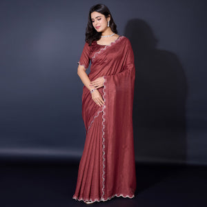 Brown Pearl Work Embroidered Khaadi Saree