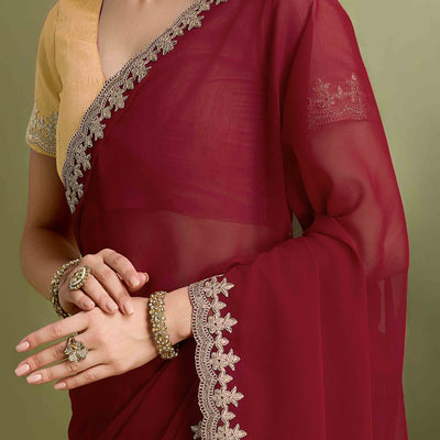 Maroon Solid With Zari Embroidered Georgette Saree