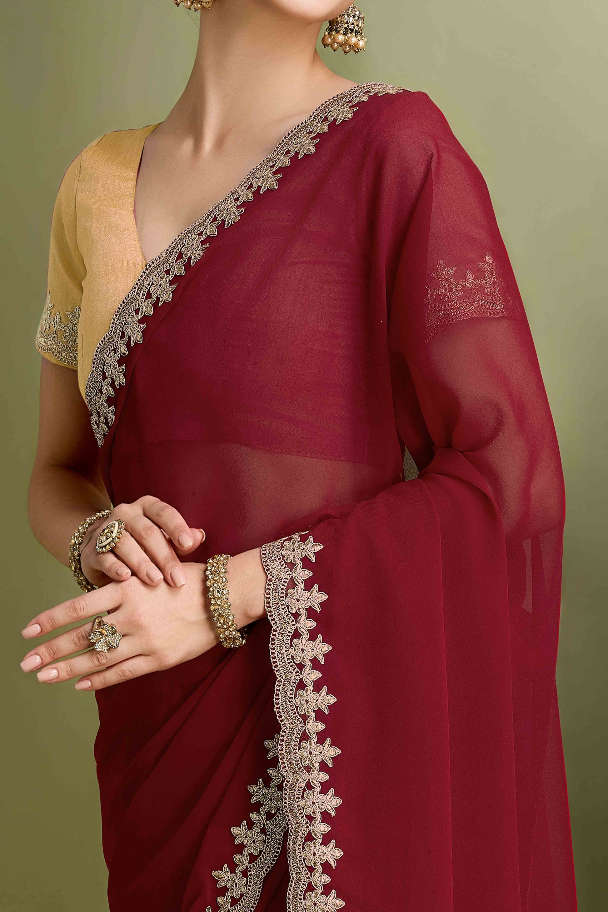Maroon Solid With Zari Embroidered Georgette Saree