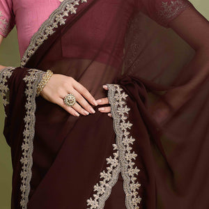 Brown Solid With Zari Embroidered Georgette Saree